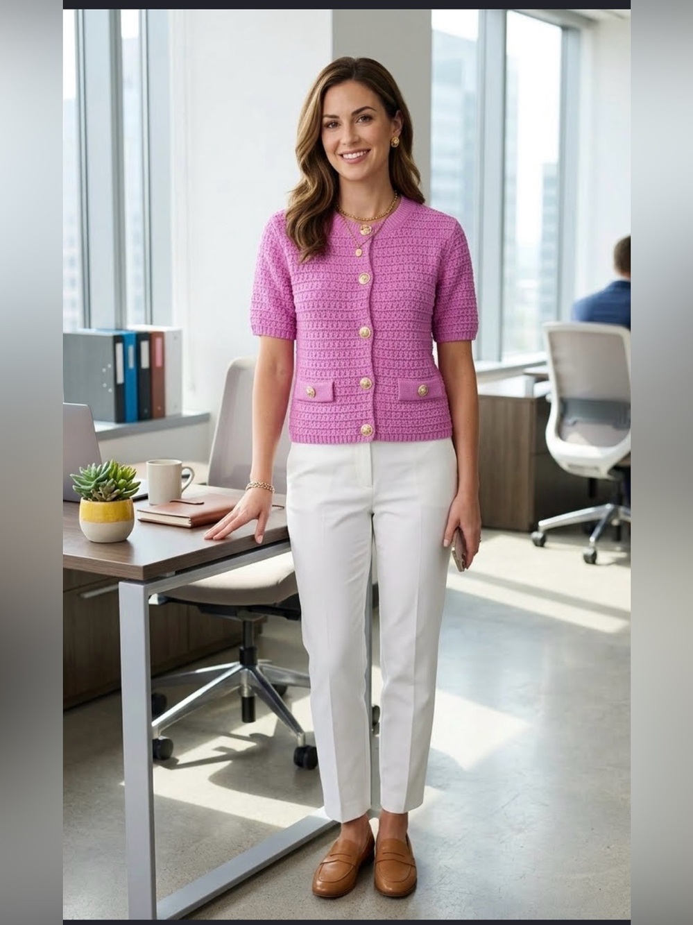 Ann Taylor Pink Short Sleeve Knit Sweater Button Front X-Small Workwear Cardigan
